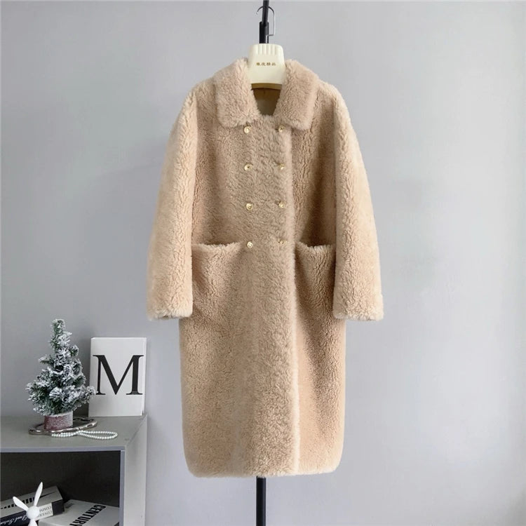 100% Wool Coat Women New Warm Sheep Shearing Long Solid Color Long Coat Lamb Wool casacos femininos inverno 2025
