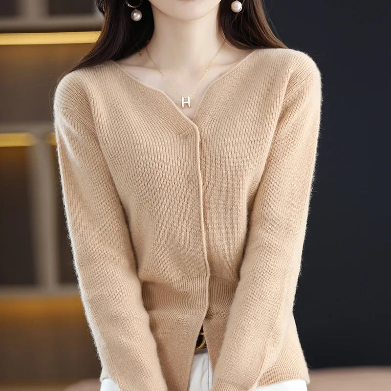 Cashmere Sweater Women's Cardigan Scissors Collar Hidden Buckle Pure Wool Sweater Autumn and Winter Coat Waist Slim Commute Top