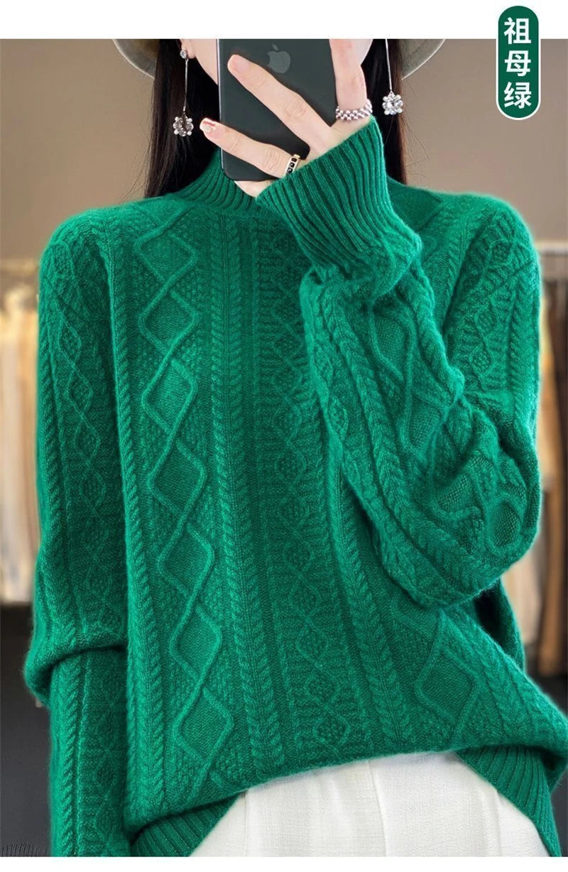 2024 New Women Autumn Winter Sweater Thick 100% Merino Wool Turtleneck Casual Cashmere Knitwaer Pullover Korean Fashion Tops