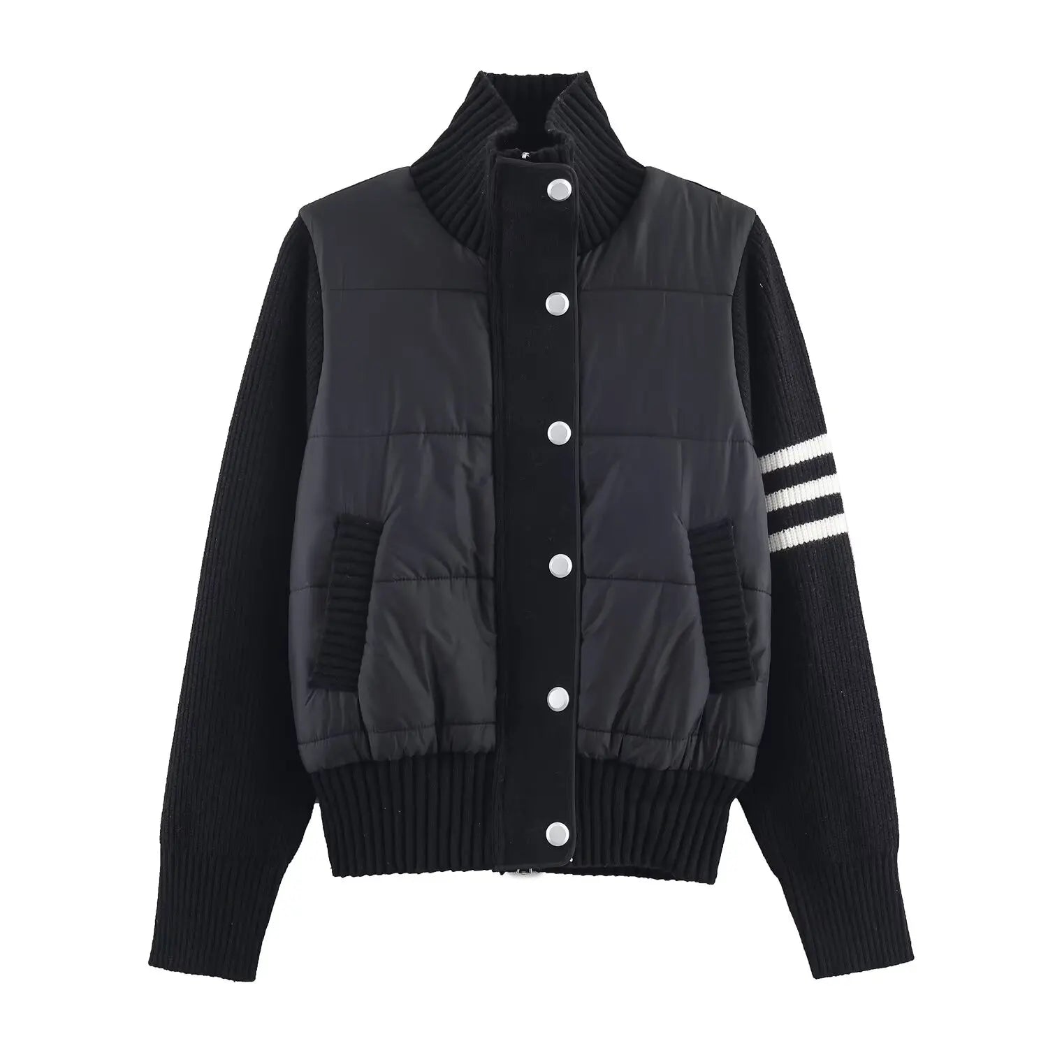 Womens Jacket Stand Collar Quilted Patchwork Knit Sleeves Casual Versatile Jacket Essential Autumn And Winter Item Trafizaran