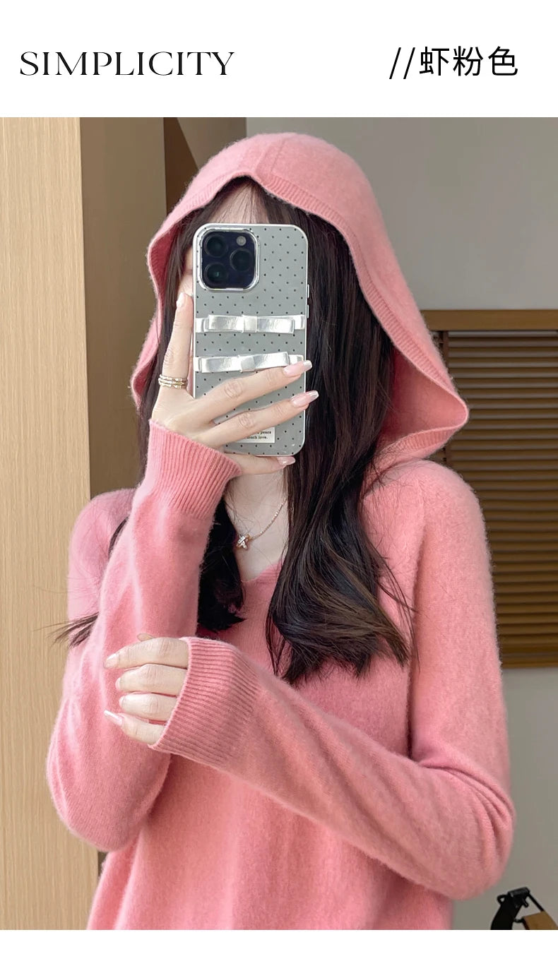 Women Autumn Winter Clothing Hooded Collar Pullover 100% Merino Wool Sweater New Fashion Cashmere Tops Bottoming Knitwear Soft