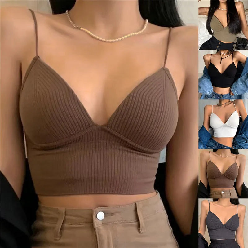 Women Tops Sexy Solid Crop Top Women Tank Tops Sleeveless Slim Camis With Bra Basic Underwear Padded Bra Tops Women Sports Bra