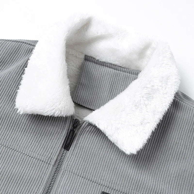 Winter Men Fleece Jacket Padded Warm Loose Parka Coat Corduroy Short Jacket Man Solid Fur Collar Windbreaker Cotton Jackets