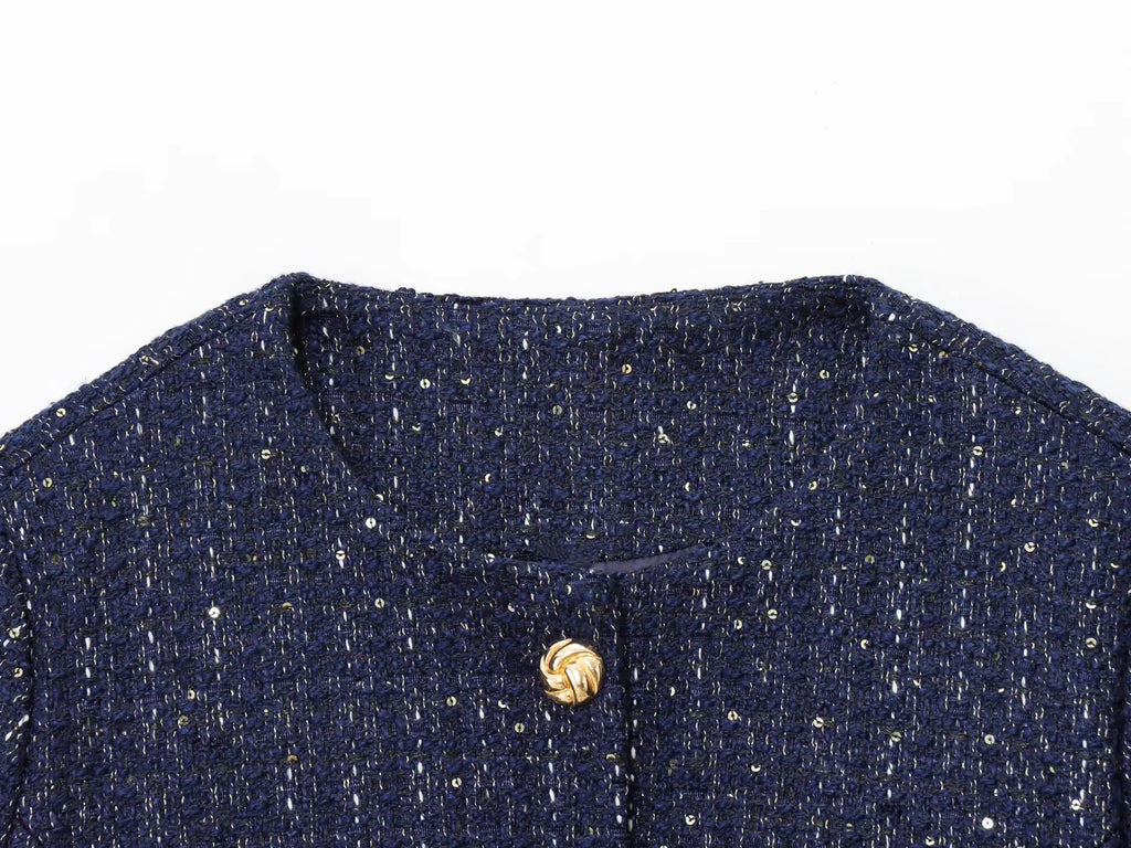 2025 Autumn New Women's Fashion Chic with Belt, Gold Button Decoration Round Neck Short Sleeve Blended Coat