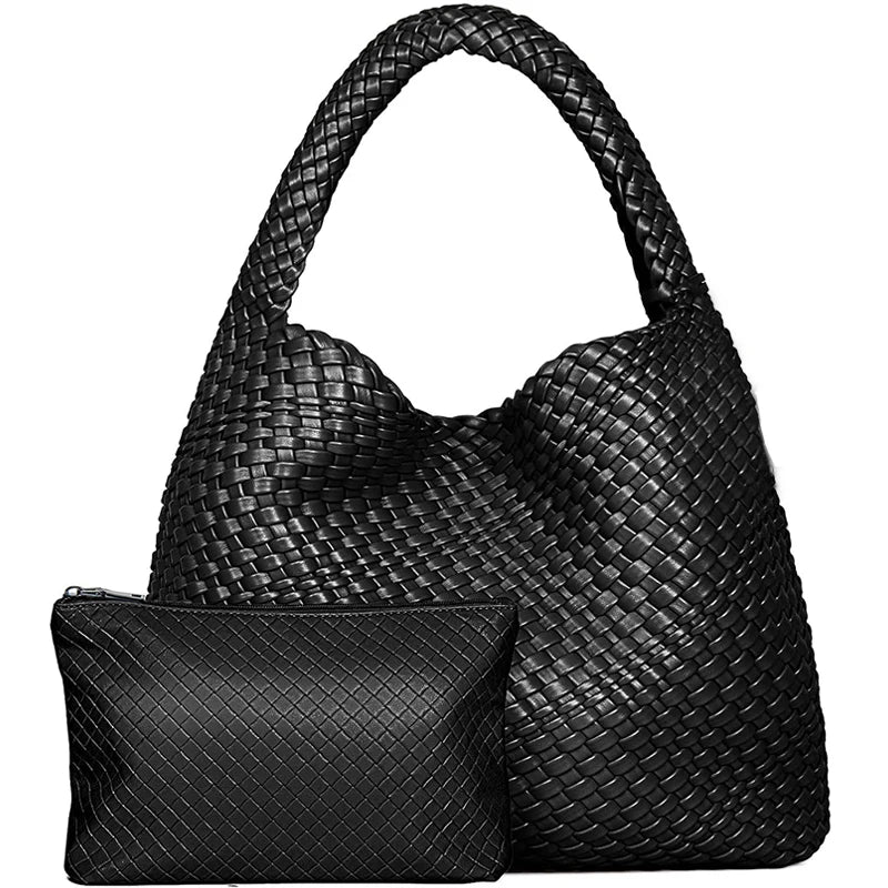 Woven Tote Bag for Women Large Woven Handbag Soft Leather Shoulder Bag Work Shopper Summer Beach Travel Tote Bag with Purse