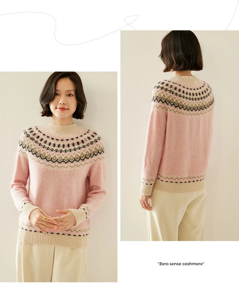 Autumn And Winter New Cashmere Sweater Fashion Women's Retro Round Neck Jacquard Cashmere Knitted Bottoming Shirt With Sweater