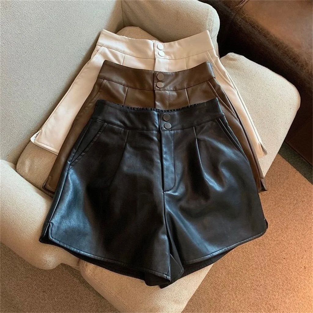 Fashion PU Shorts For Women 2025 Autumn Winter Retro New In Short Pant Solid High Waist Chic Shorts Lady Y2k Casual Street Wear