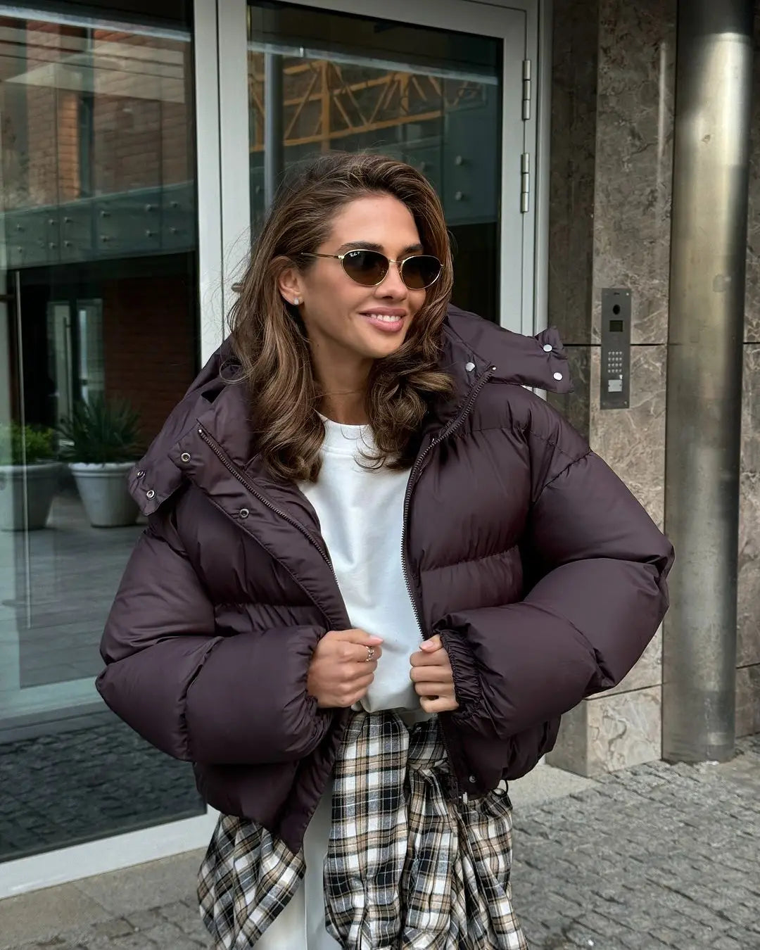 Women Brown Hooded Cotton Coat Fashion Lapel Full Sleeve Zipper Button Warm Loose Short Coats Lady Winter Casual Street Outwear