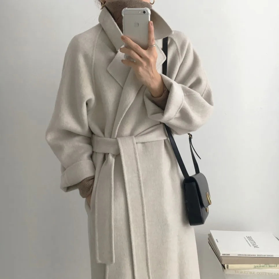 Elegant Woolen Coat Women's 2025 Autumn Winter Mid Length Adjustable Waist Thick Casual Long Sleeve Fashion Wool Coats Female