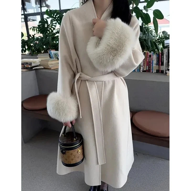 Women Autumn Winter Woolen Coat 2025 New High-End French Style Fur Sleeves Mid-Length Woolen Coat Women Long Coat Loose Outwear