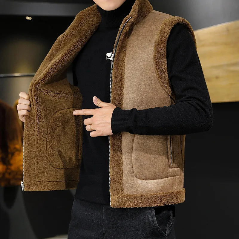 Winter Lamb Wool Vests Men Warm Coat Fashion Casual Thick Stand Collar Sleeveless Jacket Can Be Worn On Both Sides Waistcoat Man