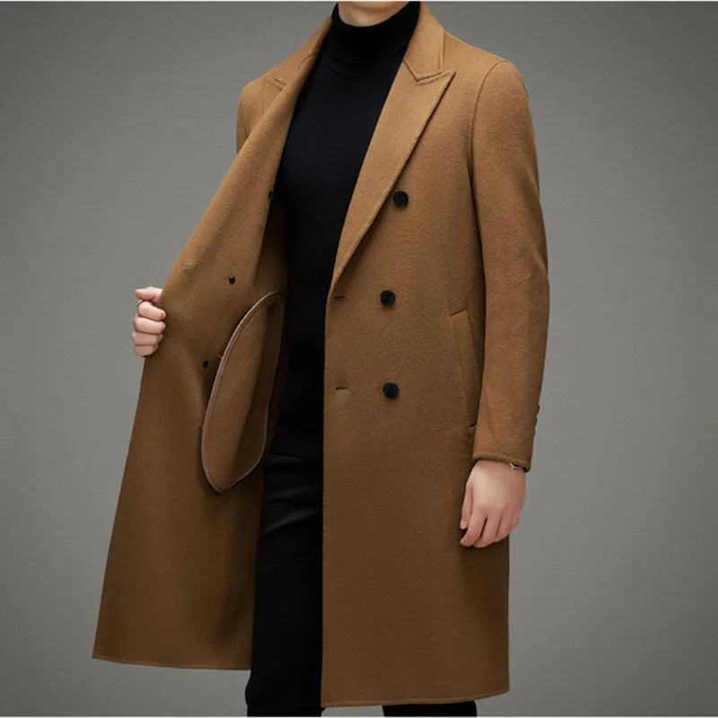 High-end Men's Double-breasted Wool Coat Fashionable Long Wool Knee-length Casual Suit Jacket for Men Peak Lapel Customized Coat
