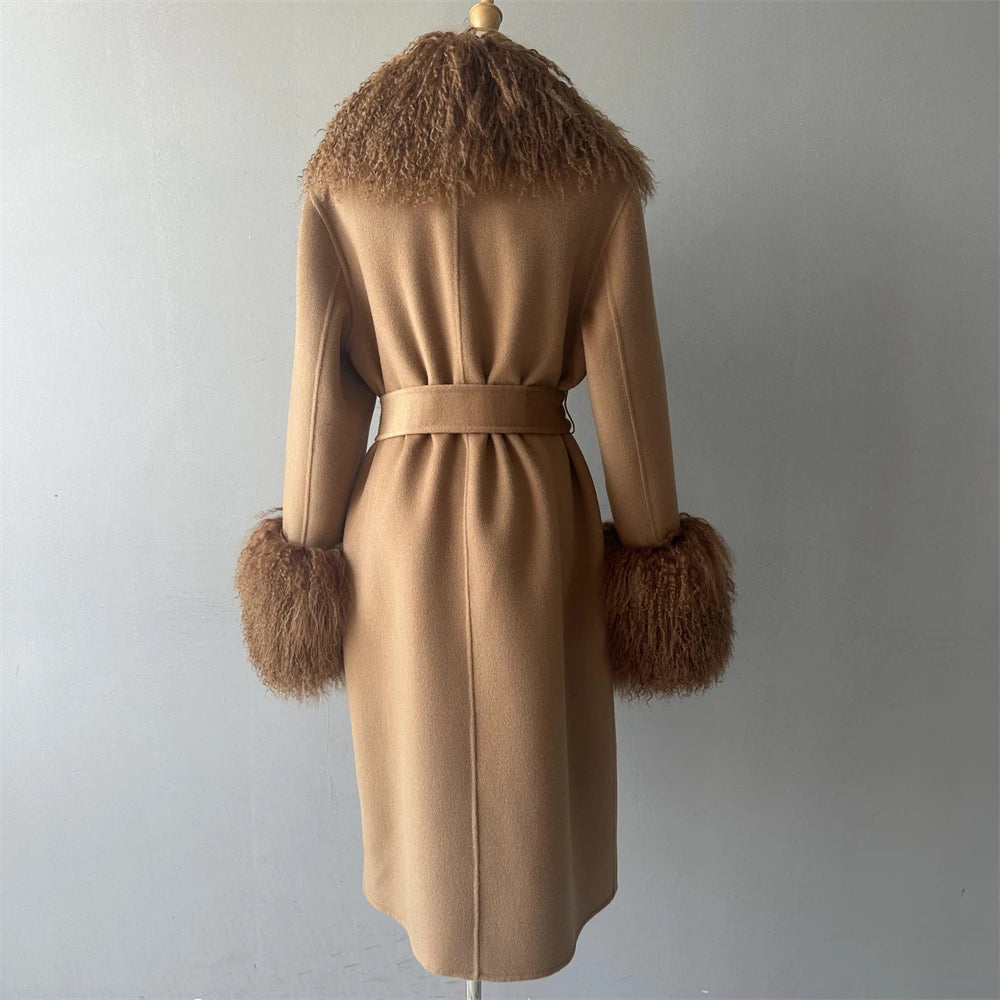 Women Cashmere Wool Coat With Real Mongolian Sheep Fur Collar  Ladies Autumn Winter Fashion Long Outwear Full Sleeve Fur Jacket
