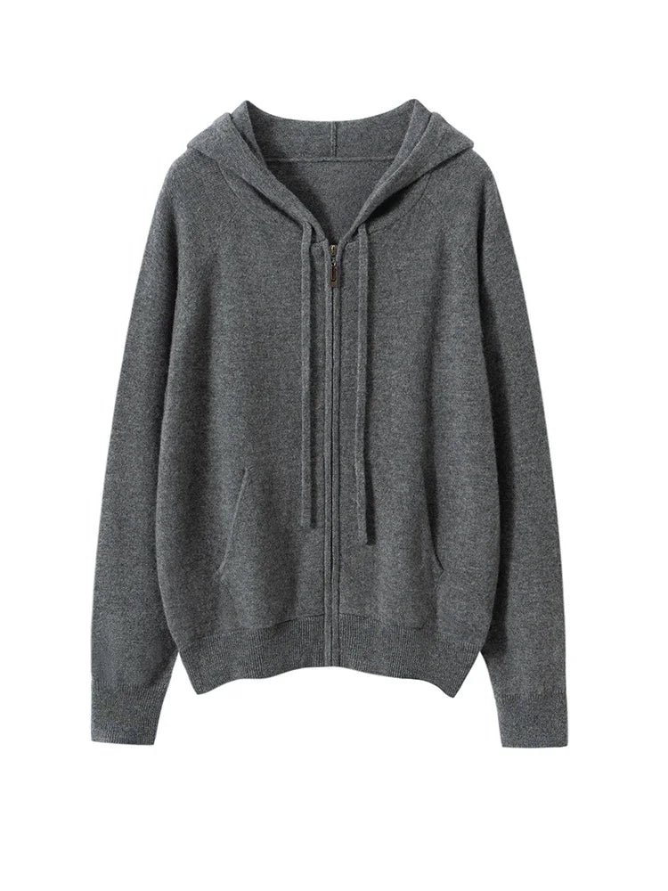 New Women 100% Cashmere Sweater Hooded Zipper Cardigan Cashmere  Autumn Winter Soft Long Sleeve Casual Simple Style Clothing Top