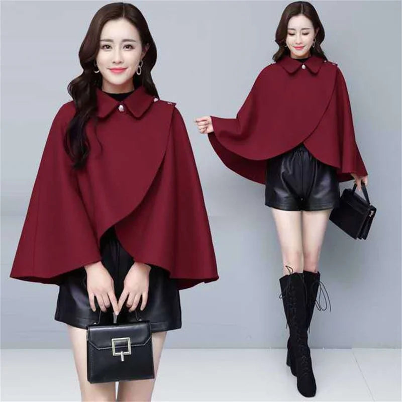 Fashion Woolen Shawl Coat For Women 2025 Autumn Winter New Woolen Jacket Short Outerwear Cape Red Black Coat Tops Female