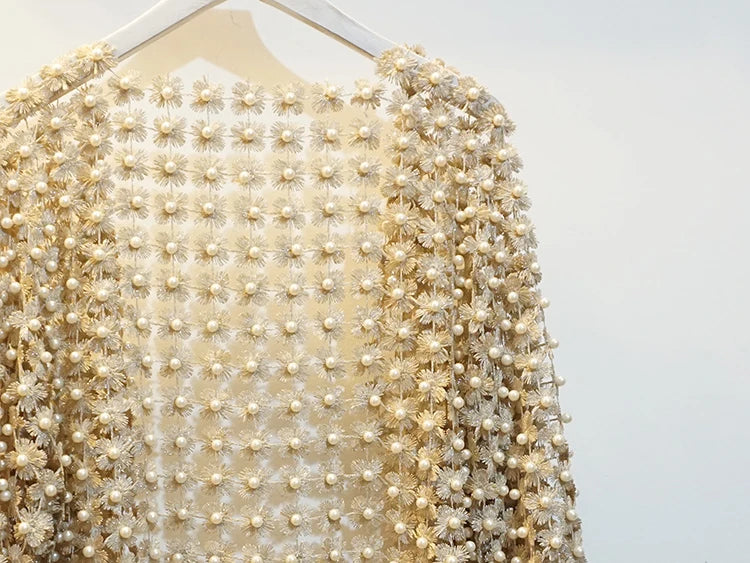 Women Beads Coat Style Women Perspective Shawl Fashion Hollow Out Lace Boleros Short Sleeve Coats Jackets Femal