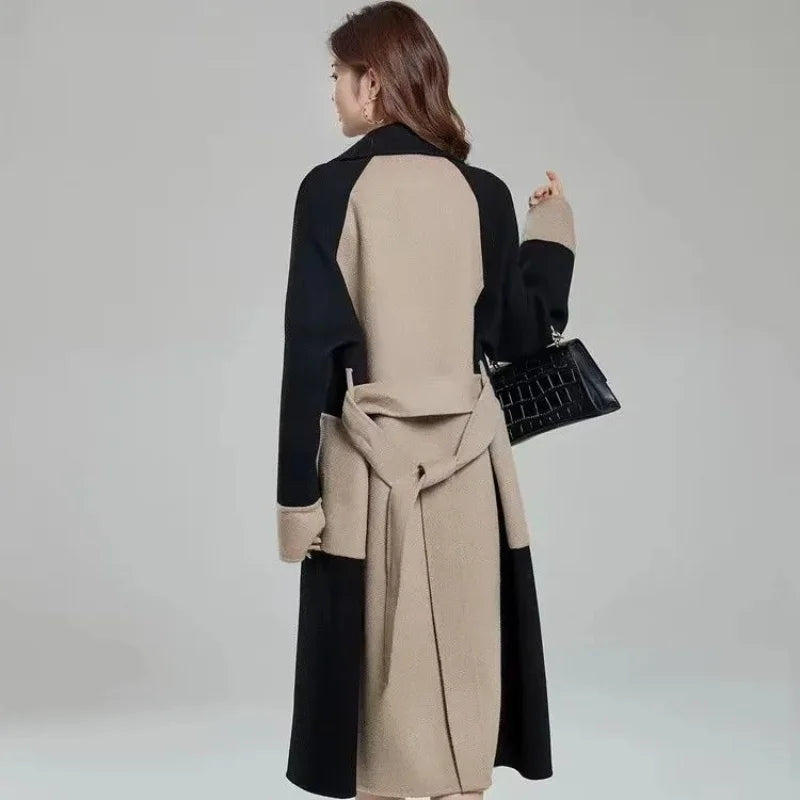 New Autumn Winter Women Coat Color Matching Turn-down Collar Double-breasted Mid Length Lady Coat Double-sided Female Overcoat