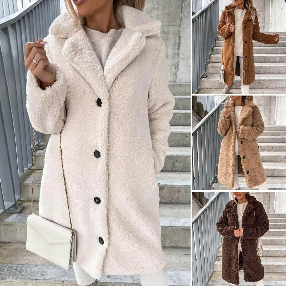 Trendy Women Overcoat Autumn Winter Women Trench Coat Long Style Pure Color Single-breasted Teddy Jacket  Windproof