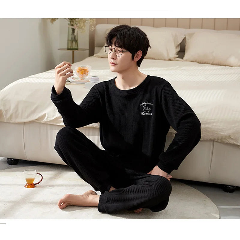 Men's Clothes Fall and Winter Pajamas Cotton Waffle Fashion Solid Color Comfortable Elastic Loungewear Homewear Youth Sleepwear