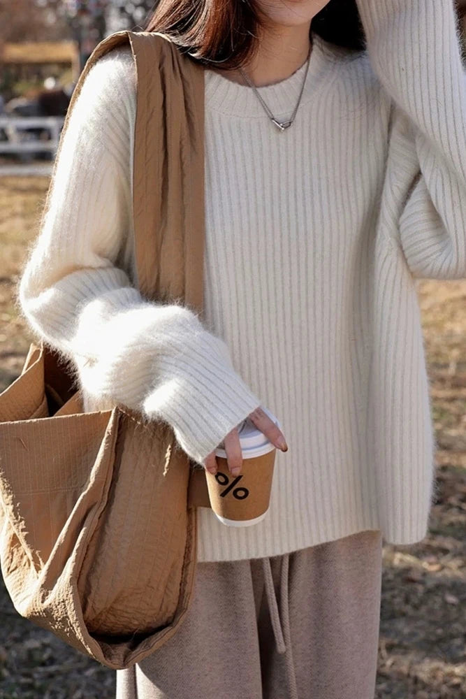 100% Cashmere sweater for women's autumn and winter loose and soft sweater wool knitted sweater round neck base layer