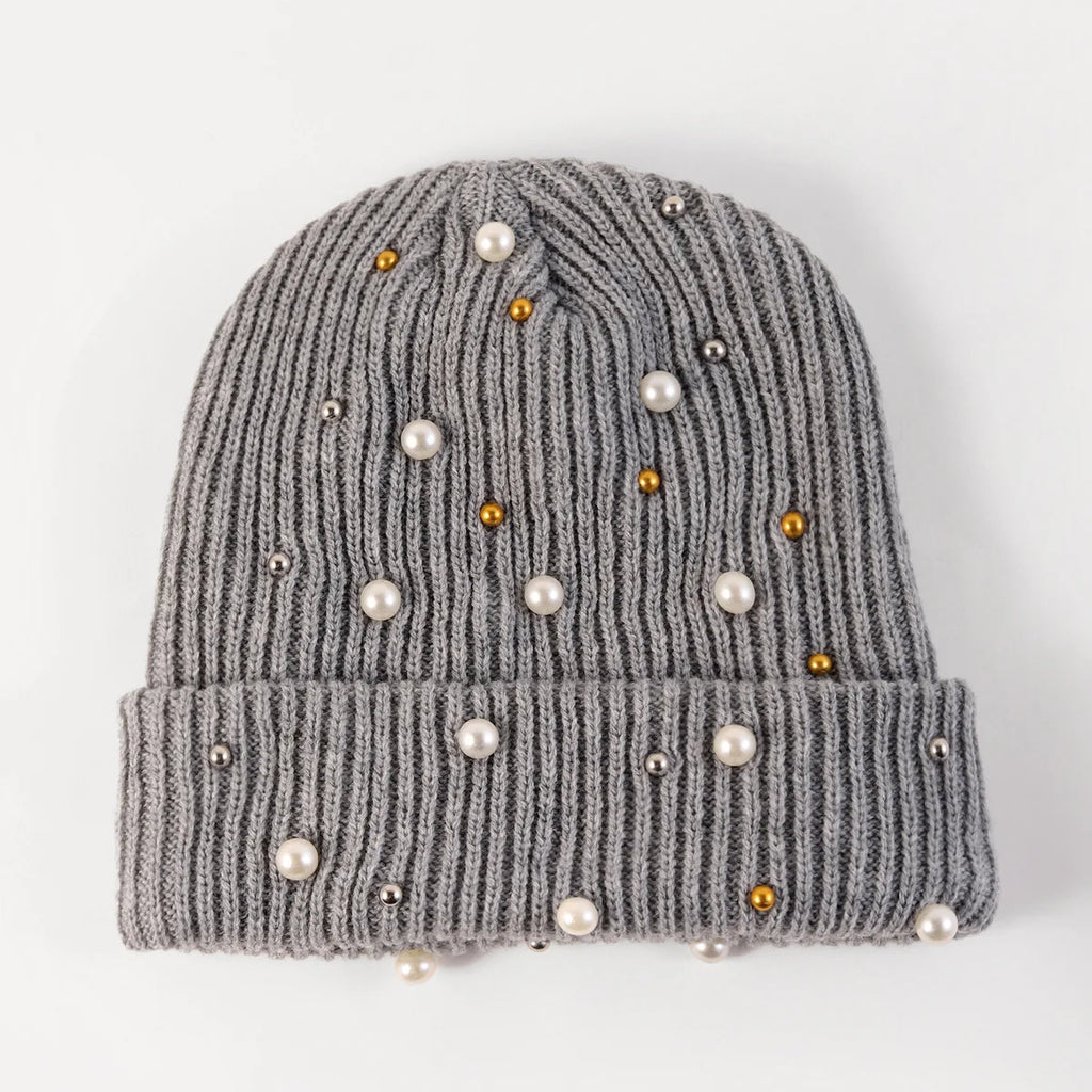 New Autumn And Winter Woolen Hat For Women, Fashionable Pearl Embellishment, Winter Warm Knitted Hat