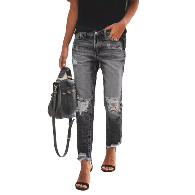New Women's Slim Jeans Fashion Casual Ripped Denim Pants Spring Autumn Office Lady Work Trousers High-waisted Straight Jeans