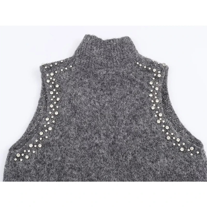 Women Vest 2025 Women Autumn New Fashion O-Neck Sleeveless Jewelry Decoration Pullover Women Elegant Hight Street Top