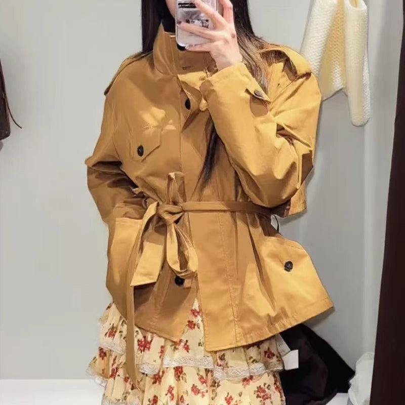 Women Fashion Cinched Waist Short Workwear Jacket Stand Collar Belted Trendy And Versatile Trench Coat Casual Stylish Streetwear