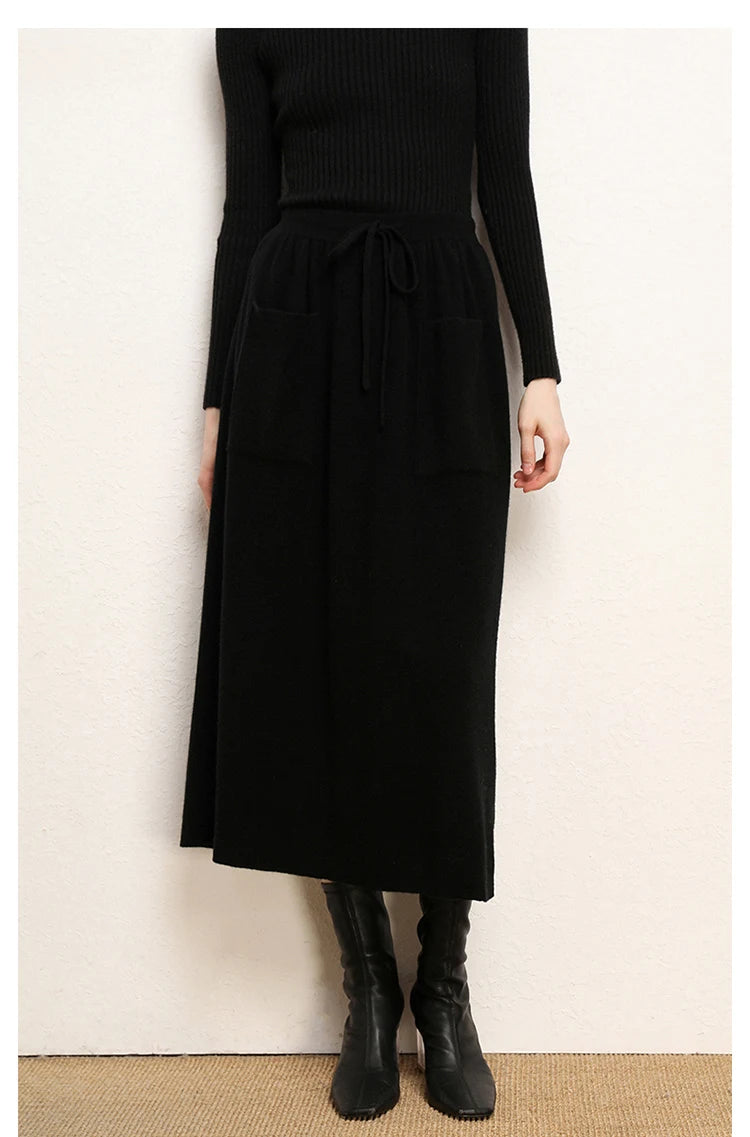 Cashmere Skirt Knitted Skirt Half Skirt, Double Pocket A-Line Skirt Skirts Plus Size Women Long Elegant Dress Women Clothing