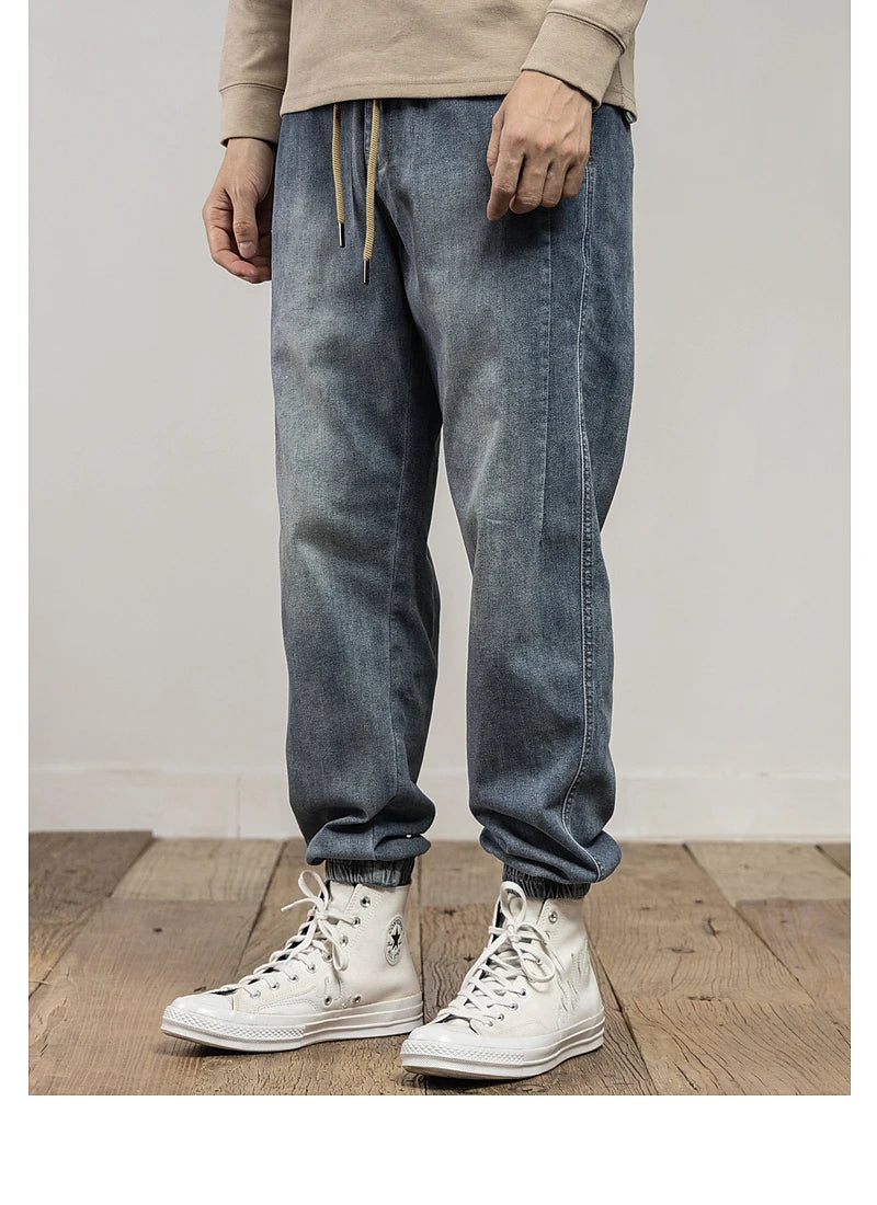Classic Washed Blue Denim Jeans for Men American Minimalist Loose Tapered Pants Versatile for Outdoor Wear Elastic Waistband