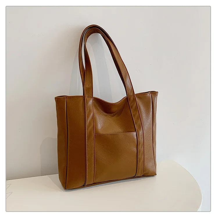 Simple Large Capacity Tote Bags for Women Retro Pu Leather Ladies Shoulder Bag Commuter Portable Girls Student Underarm Handbag