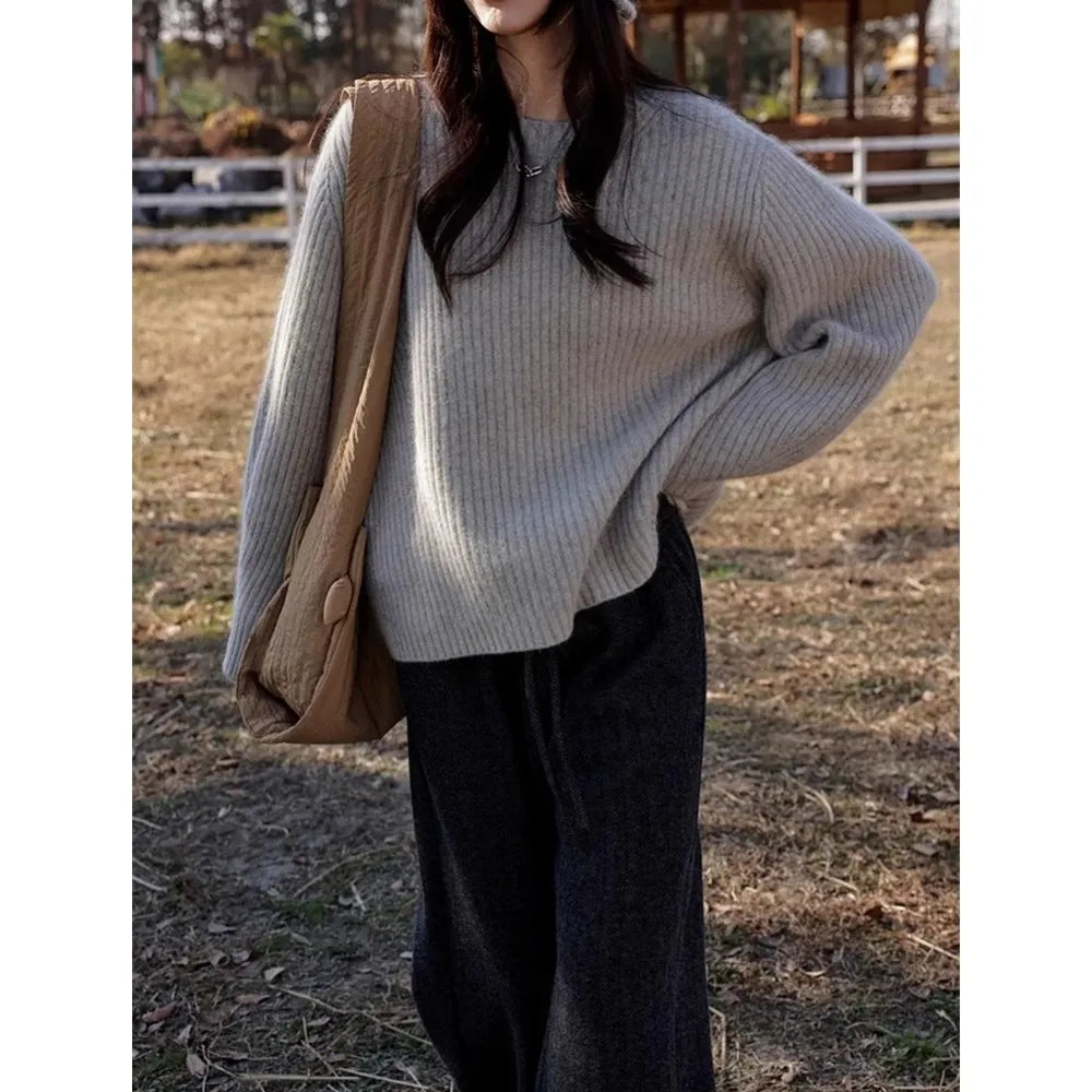100% Cashmere sweater for women's autumn and winter loose and soft sweater wool knitted sweater round neck base layer