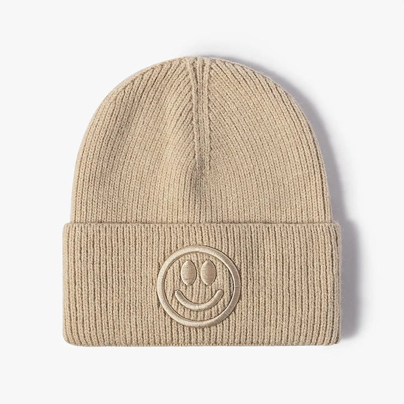 Wool hat female Korean versioncartoonsmiley face embroidered knittedautumn andwintermen'soutdoorwarm thickened brimless cold hat