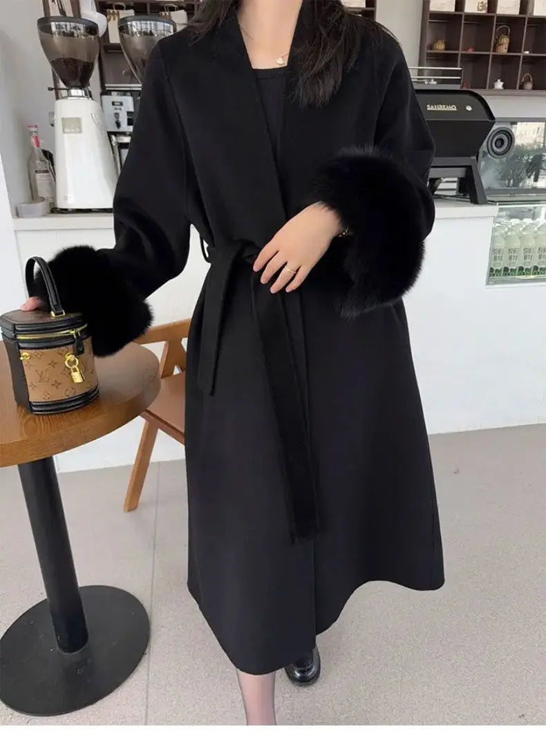 Women Autumn Winter Woolen Coat 2025 New High-End French Style Fur Sleeves Mid-Length Woolen Coat Women Long Coat Loose Outwear
