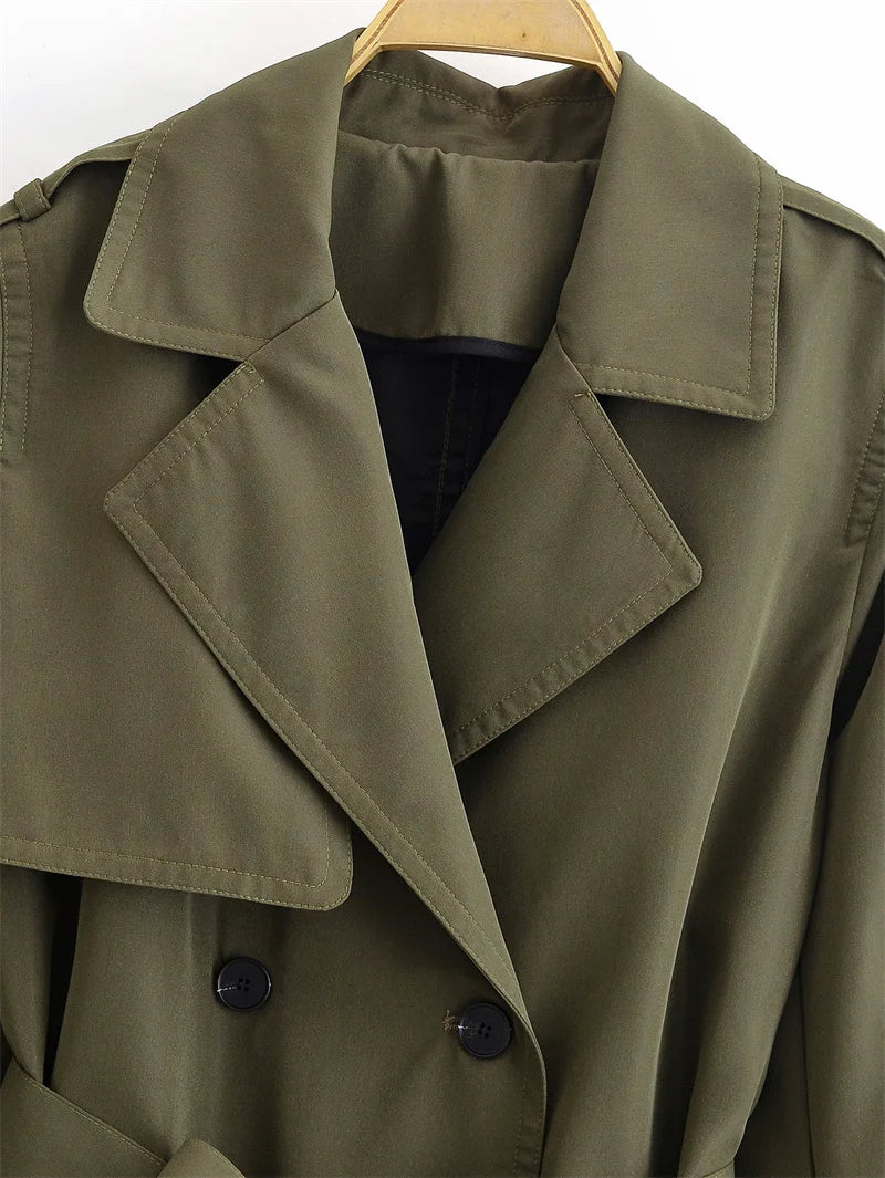Women's Trench Coat 2025 Autumn New Style Army Green Long Sleeve Double-Breasted Belt Decorated Trench Coat Outerwear British