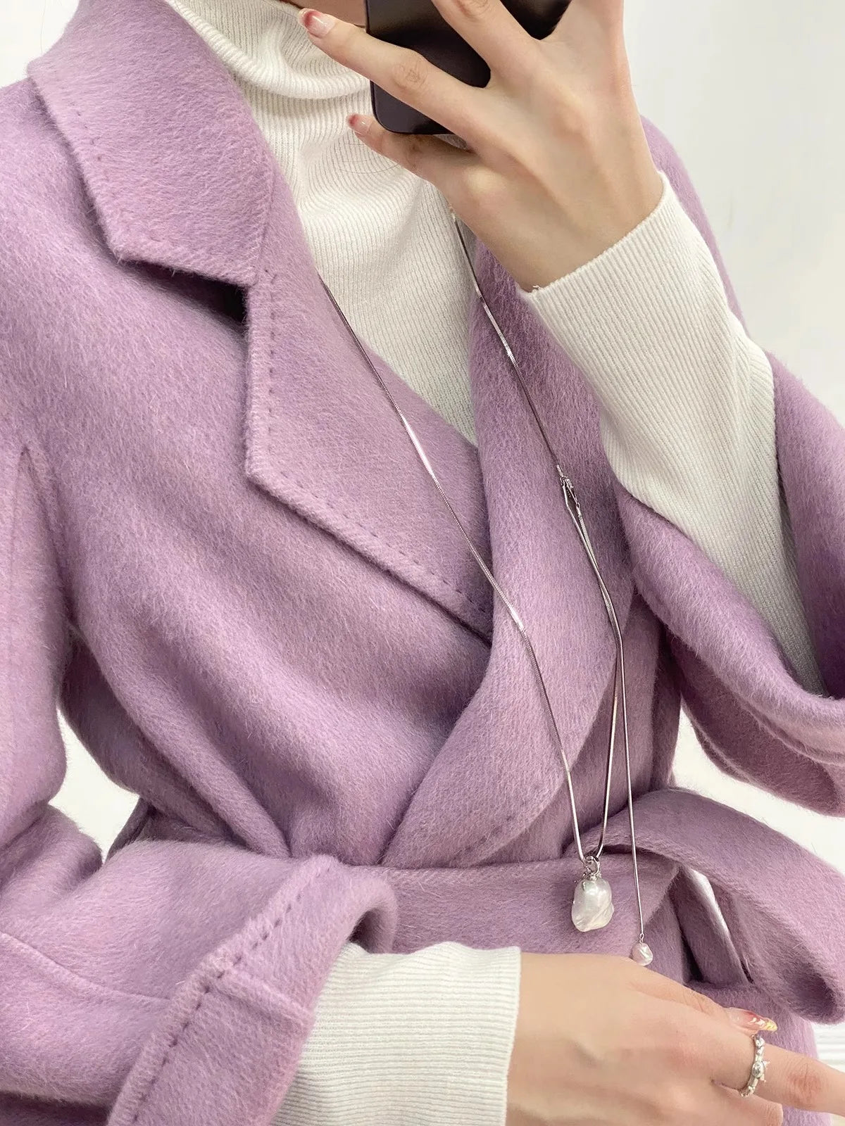 Purple Double-Sided Cashmere Coat For Women In Autumn And Winter, Fashionable And High-End, Loose And Medium Length Coat