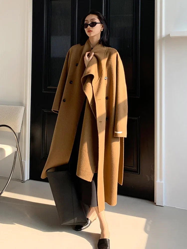 New Hand-sewn Cashmere Wool Coat Women New Mid-length Big Scarf Collar Loose Lace-up Warm Double-sided Wool Coat Fashion Winter