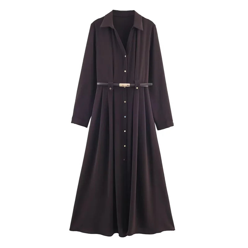 Women's Dress 2025 New Shirt-Style Design with Belt Mid-Length Skirt Women's Fashion Casual Long Dress
