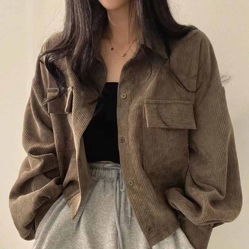 Autumn Casual Button Outwear Top with Pockets Retro Versatile Turndown Collar Long Sleeved Jacket for Women Street Loose Coat