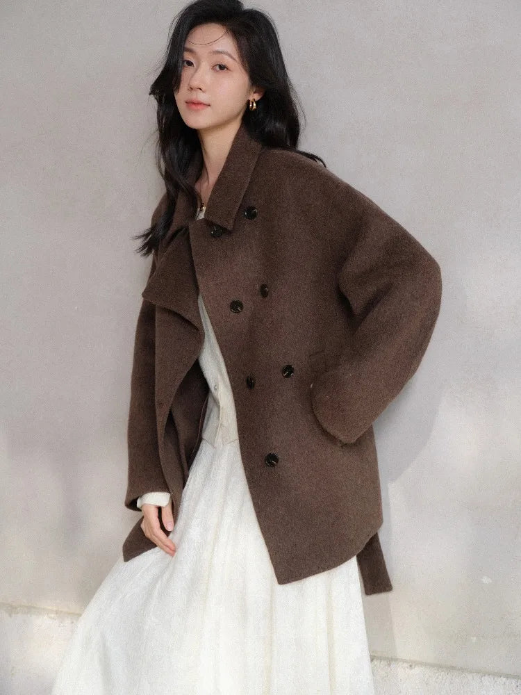 Women Elegant Wool-Like Winter Short Coat Brown Belted Jacket Warm Casual Outerwear for Lady with High Neck and Waist Tie Design
