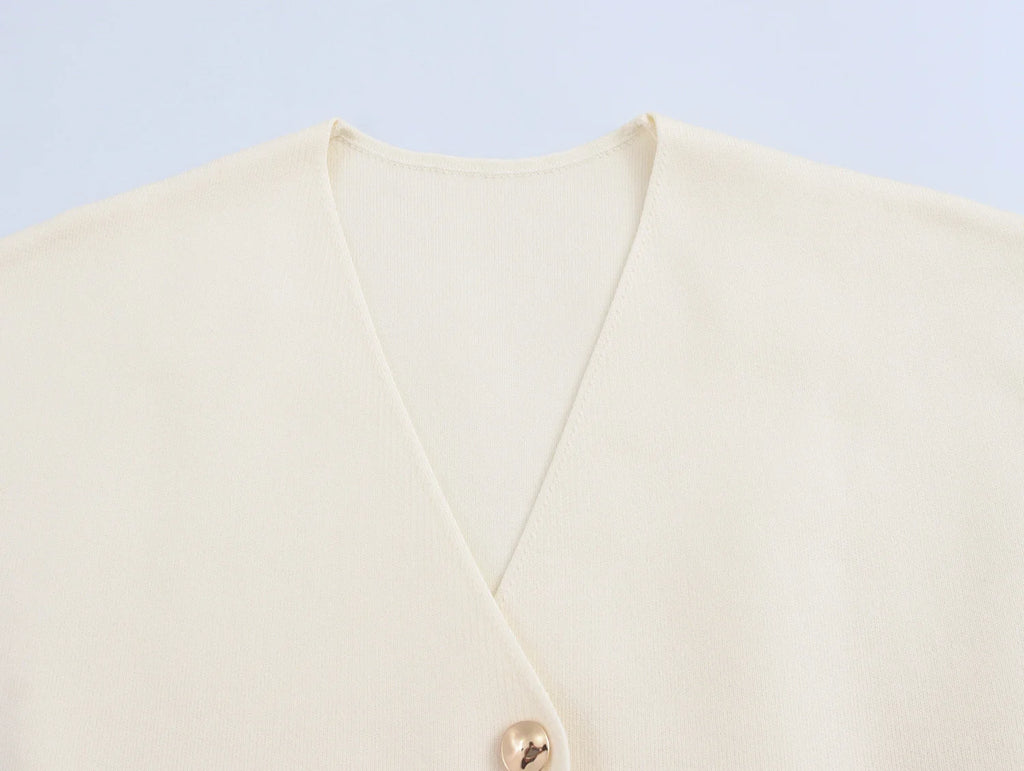 2024 New Autum Women's European and American Style Fashionable Flat-Needle Short-Sleeved V-Neck Knitted Jacket Street Style Top