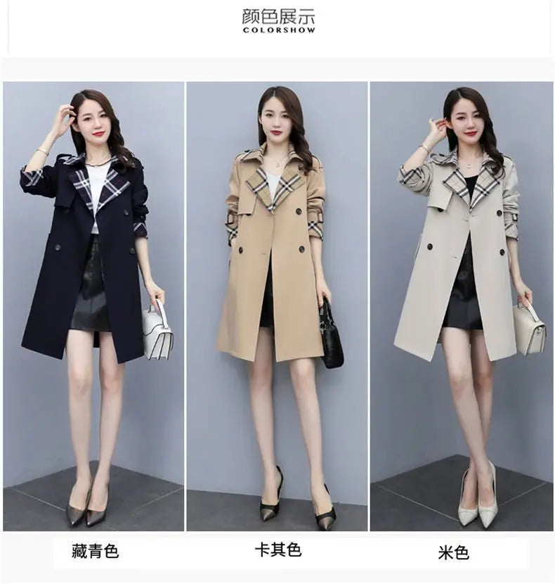 Women Trench Coat 2024 Spring New Style Lapel Collar Khaki Double Breasted Button Office Lady Windbreaker Coat