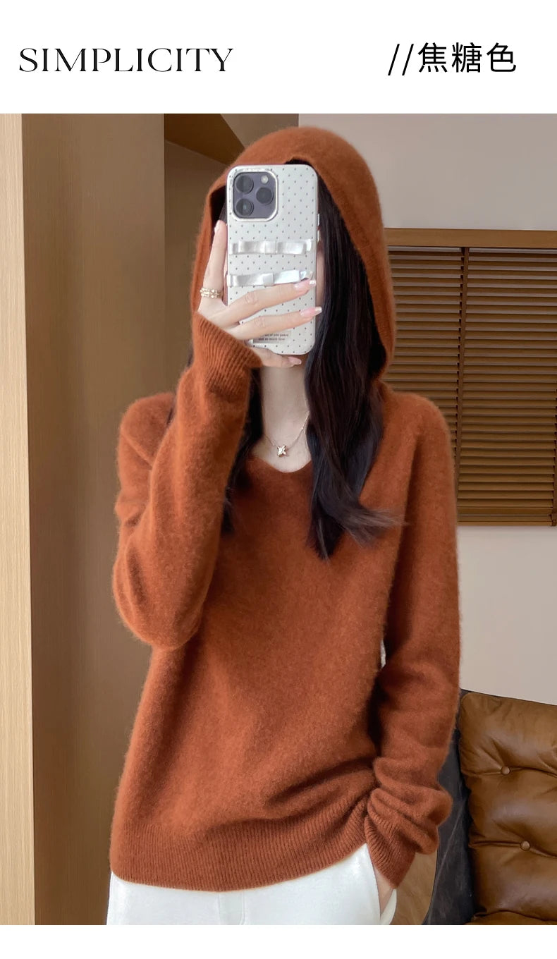 Women Autumn Winter Clothing Hooded Collar Pullover 100% Merino Wool Sweater New Fashion Cashmere Tops Bottoming Knitwear Soft