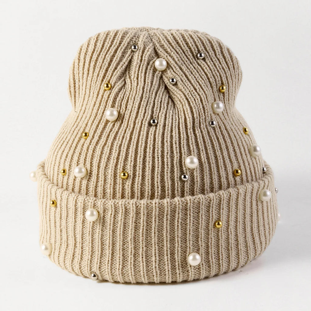 New Autumn And Winter Woolen Hat For Women, Fashionable Pearl Embellishment, Winter Warm Knitted Hat