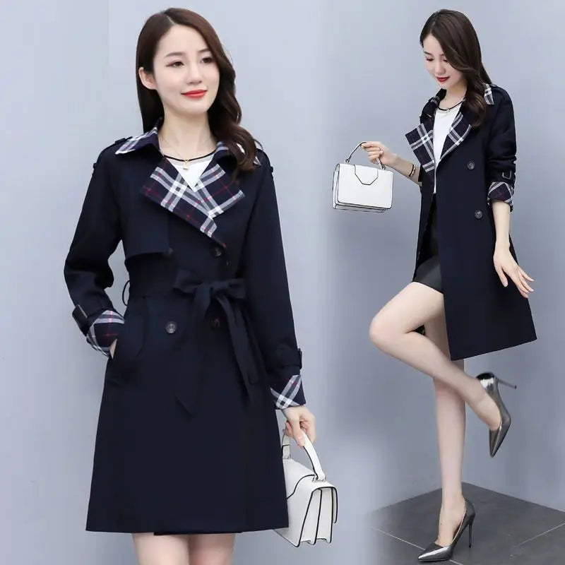 Women Trench Coat 2024 Spring New Style Lapel Collar Khaki Double Breasted Button Office Lady Windbreaker Coat