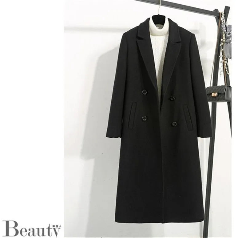 Women's Classic Black Woolen Coat Female Mid-Length Jacket New Korean Version Thicken Woolen Blend Overcoat Autumn Winter
