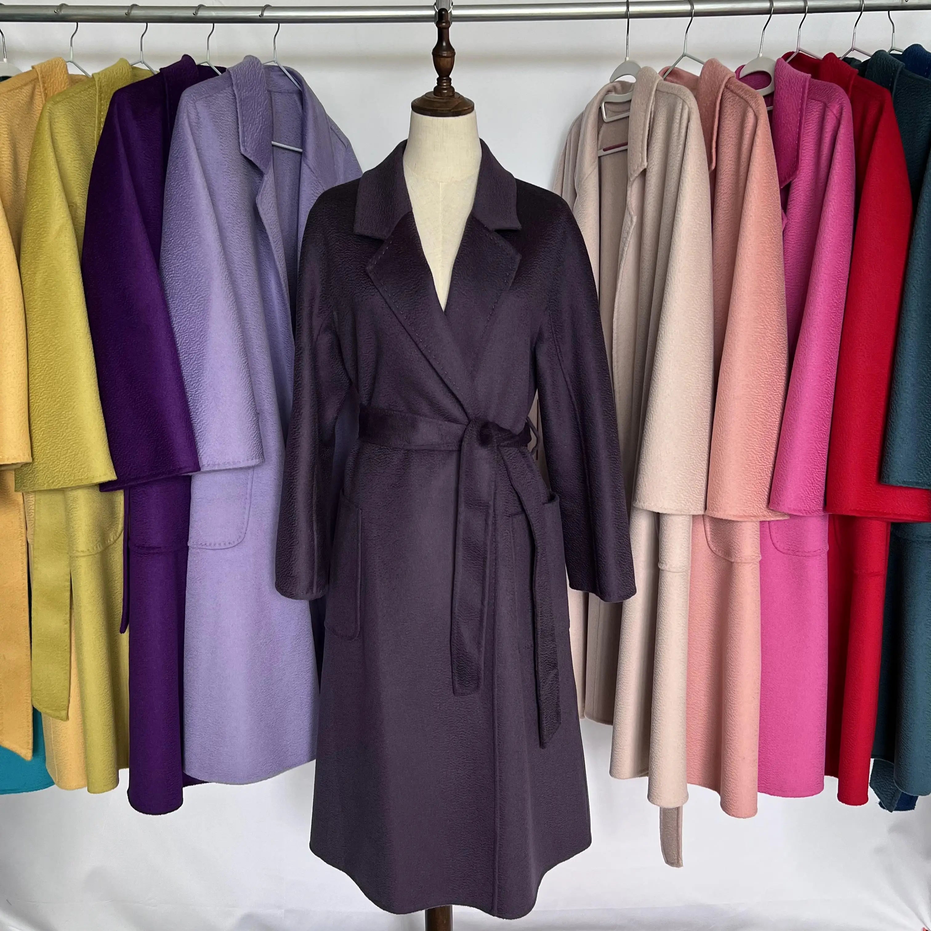 Cashmere Coat Female Winter Mid-Length Corrugated Coat Black Wool Coat Woman Autumn New Casual Fashion Red Beige Lace-Up Coat