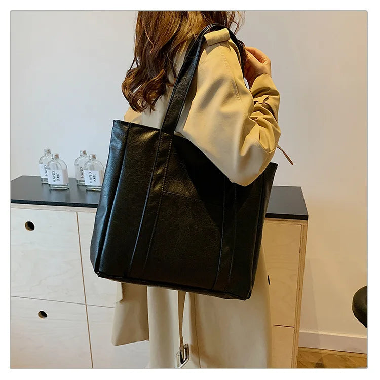 Simple Large Capacity Tote Bags for Women Retro Pu Leather Ladies Shoulder Bag Commuter Portable Girls Student Underarm Handbag