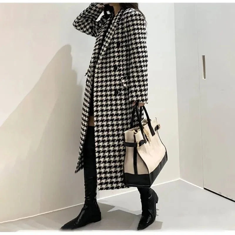 Women Autumn Winter Woolen Coat 2025 New Women Double Breasted Coat Korean Houndstooth Mid-Length Woolen Coat Lady Winter Jacket