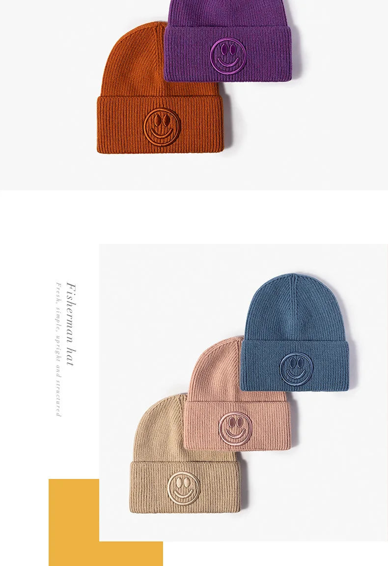 Wool hat female Korean versioncartoonsmiley face embroidered knittedautumn andwintermen'soutdoorwarm thickened brimless cold hat